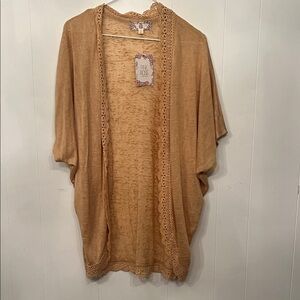 Pink Rose Tan Lace-Accent Kimono/Cardigan